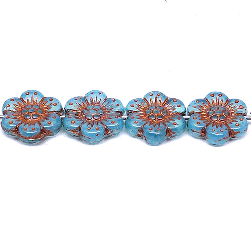 8pcs Czech Pressed Glass Flat Flower Beads 14mm Aqua Opal Bronze Fired Color