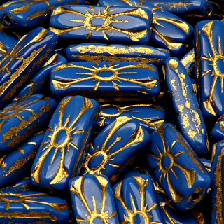 8pcs Czech Pressed Glass Rectangular Beads with Floral Motif 20x8mm Opaque Navy Blue Golden Fired Color
