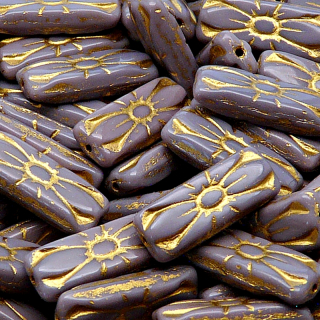 8pcs Czech Pressed Glass Rectangular Beads with Floral Motif 20x8mm Opaque Amethyst Golden Fired Color