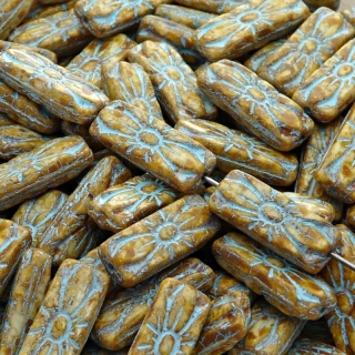 8pcs Czech Pressed Glass Rectangular Beads with Floral Motif 20x8mm Chalk White Travertin Aqua Fired Color
