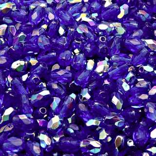50pcs Czech Fire Polished Faceted Glass Olive Beads 6x4mm Sapphire AB